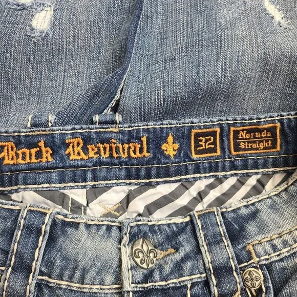 Rock Revival Neruda Straight Distressed Denim Jeans Size 32x34 Blue #1